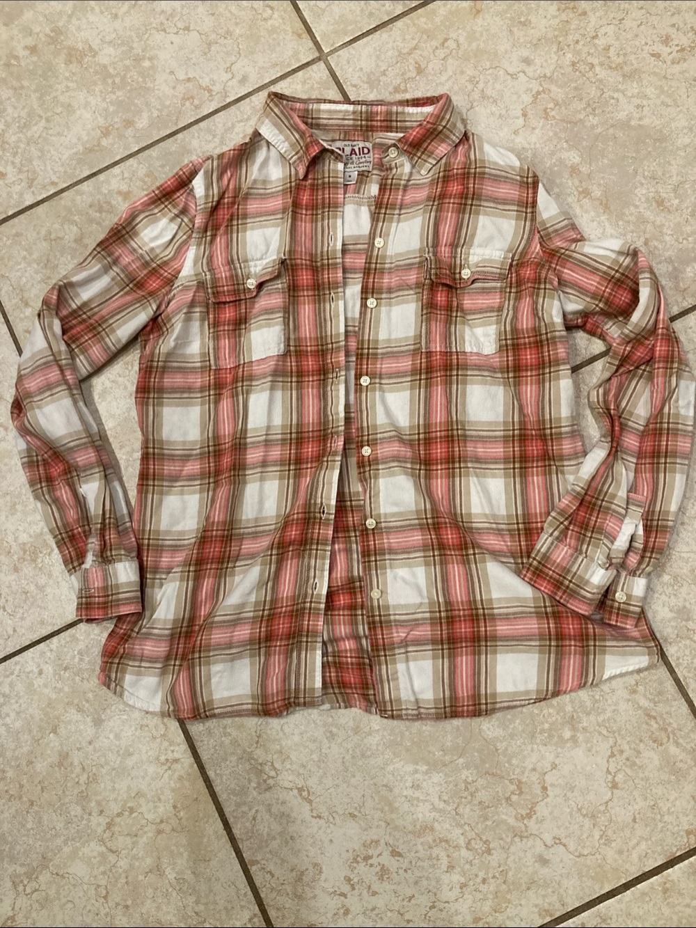 Old Navy Plaid Button-Down Shirt in White, Pink, Cream and Brown